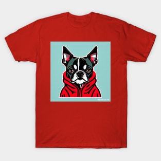 Boston Terrier in a Red Hoodie T-Shirt
